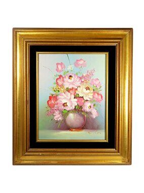Robert Cox 14x15" Signed Oil Painting Pink Rose Bouquet Vintage Floral Art